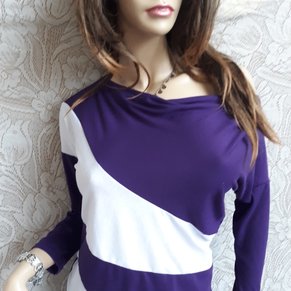 Purple White Off Shoulder Color Block LS Tee ~ S - Picture 3 of 3